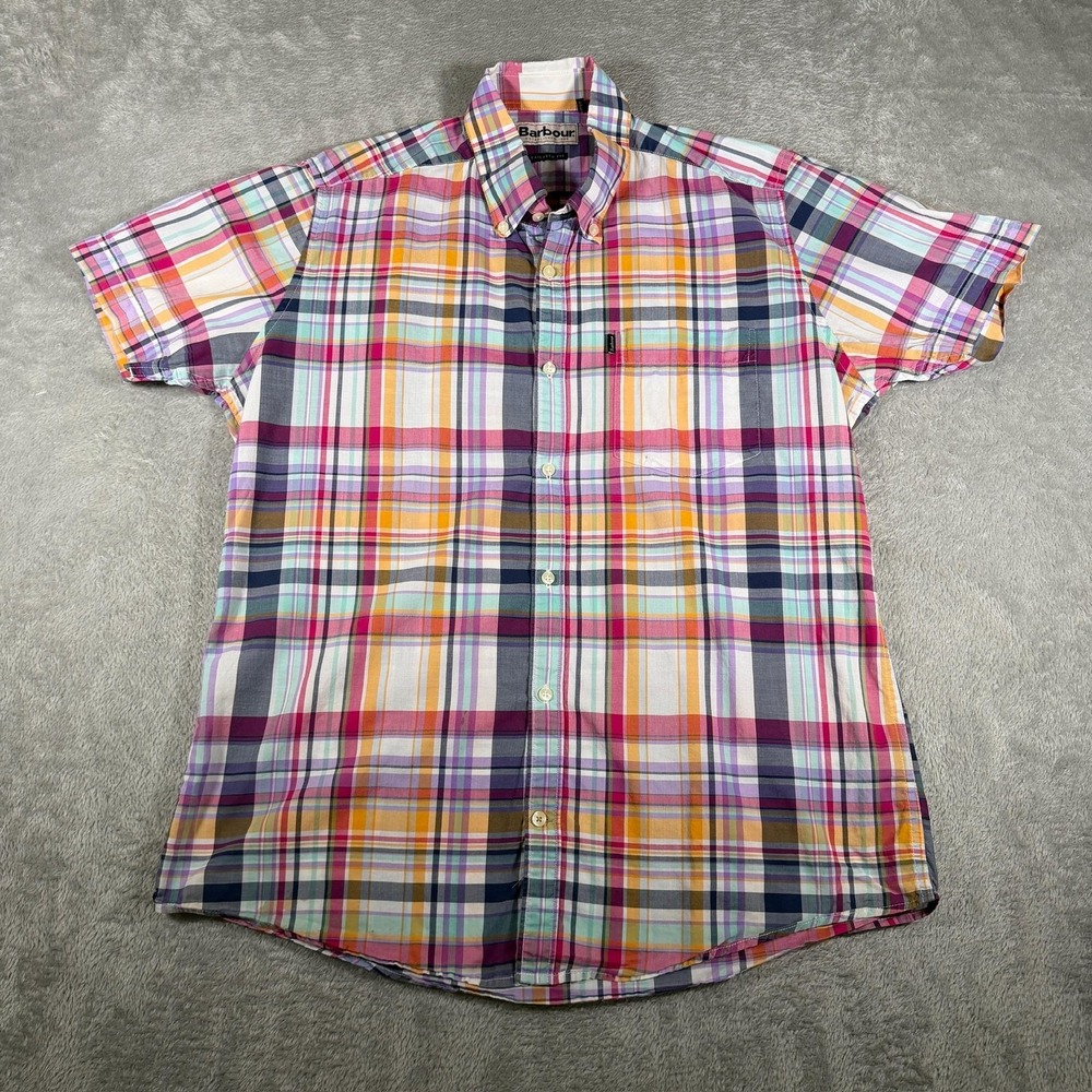 Barbour Shirt Mens Medium Multicolor Madras Plaid‎ Tailored Fit Short Sleeve